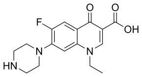 норфлоксацин Norfloxacin   Хімічне з'єднання   ІЮПАК   1-етил-6-фтор-1,4-дигідро-4-оксо-7-(1-піперазиніл) -3-хінолінкарбонова кислота (у вигляді   гідрохлориду   )   Брутто-формула   C16H18FN3O3   молярна маса   319