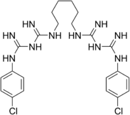 хлоргексидин   ІЮПАК   N ', N' '' '' -hexane-1,6-diylbis [N - (4-chlorophenyl) (imidodicarbonimidic diamide)]   Брутто-формула   C22H30Cl2N10   молярна маса   505