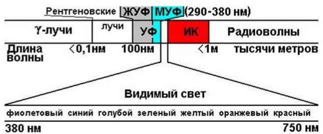 Ультрафіолетове випромінювання - це електро-магнітне випромінювання в діапазоні між рентгенівським і видимим світлом